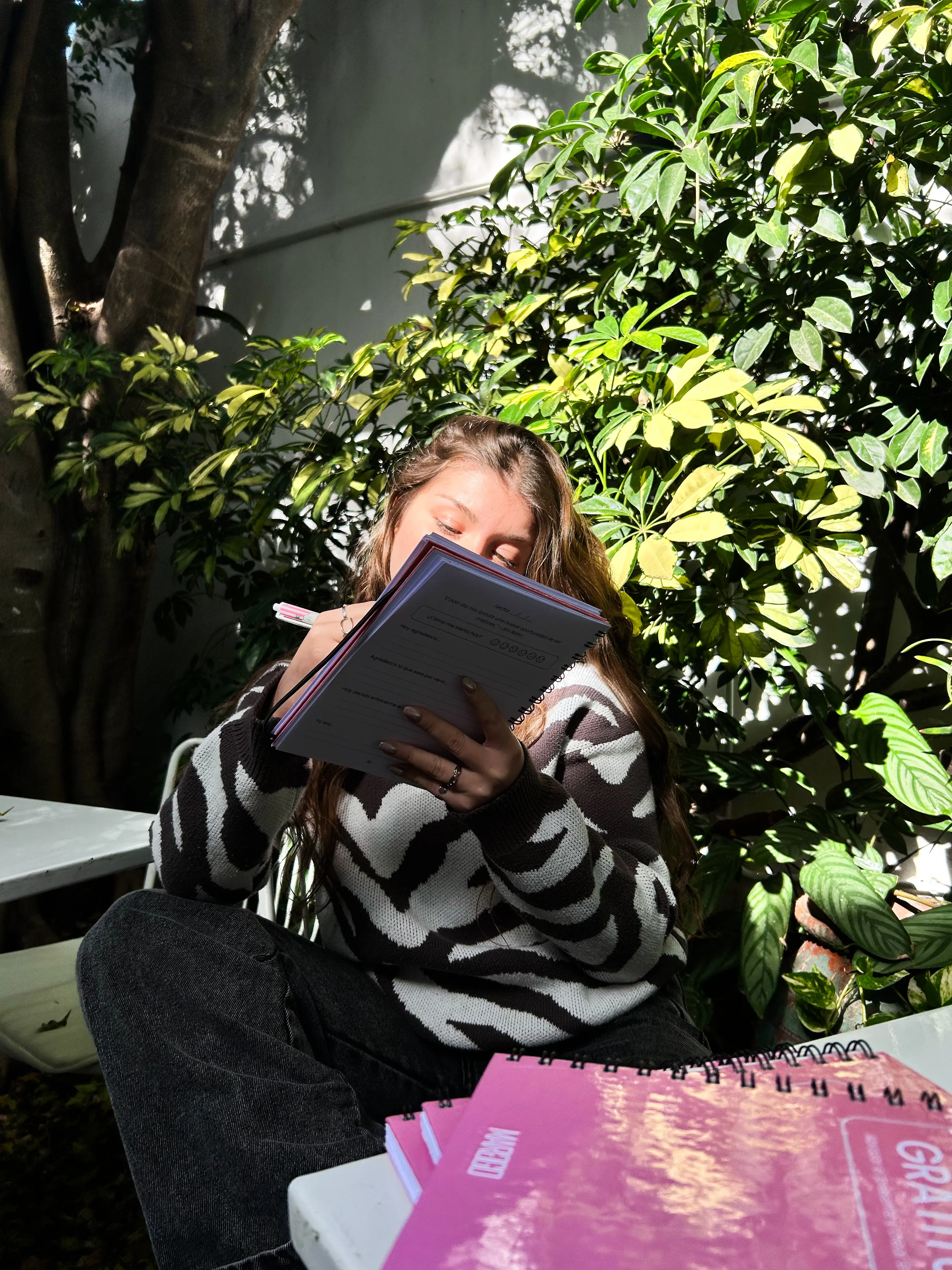 Persona escribiendo en diario de gratitud al aire libre